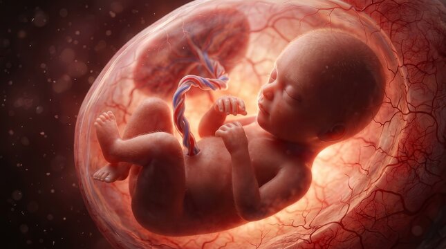 Detailed medical illustration of a human fetus developing inside a glowing amniotic sac.