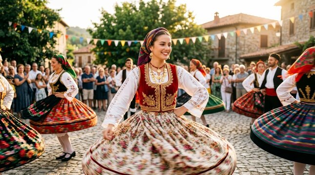 Women in traditional folk costumes dancing in a village square during a festival.