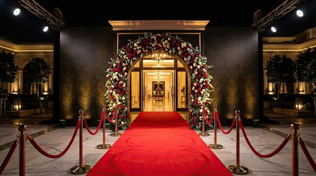 Elegant Hotel Entrance with Floral Arch, Red Carpet, and Modern Decor