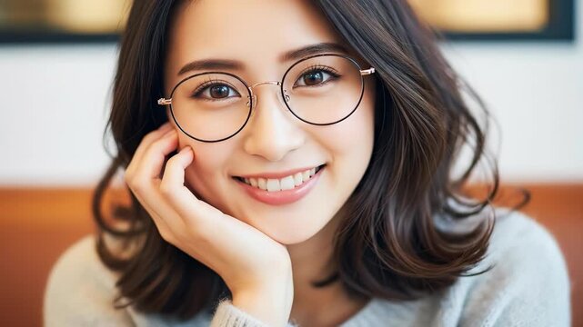 丸メガネをかけてカメラを見つめ微笑む女性