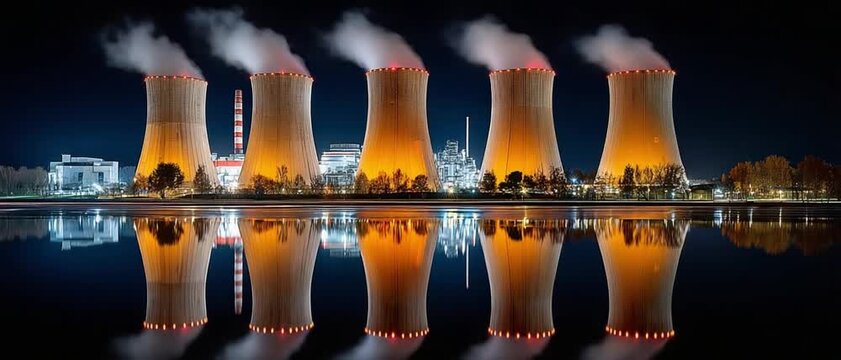 Power Plant Cooling Towers at Night: Five illuminated cooling towers of a power plant stand in a row, emitting steam into the night sky, with their reflections shimmering on the calm water below.