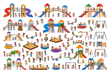 Fototapeta premium Children Playing on Playground Equipment Vector Collection