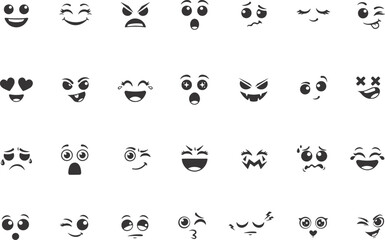 Obraz premium Cute and Funny Vector Face Expression Icons Set. Cartoon Emoji Facial Expressions Collection. Happy, Sad, Angry, Laughing, Crying, Winking, Love, Scared, Cute Character Face Elements