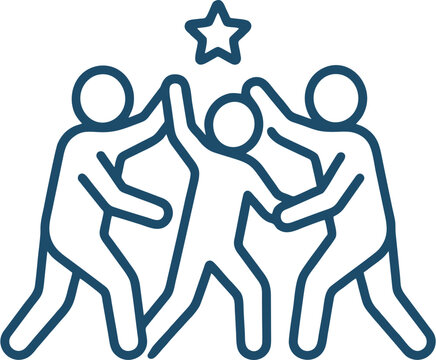 Teamwork and celebration line icon featuring three people doing a high five under a star, isolated on a white background.