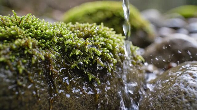 Close-up macro shot of water dripping onto lush green moss growing on wet river stones in a forest stream, featuring clear droplets and detailed natural organic textures.