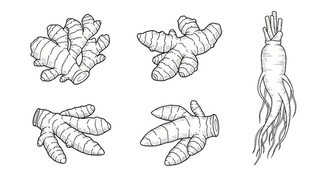A set of turmeric root illustrations.