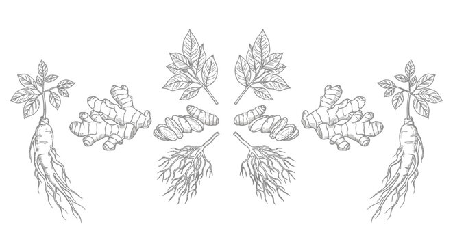 A collection of various burdock root plants and leaves.