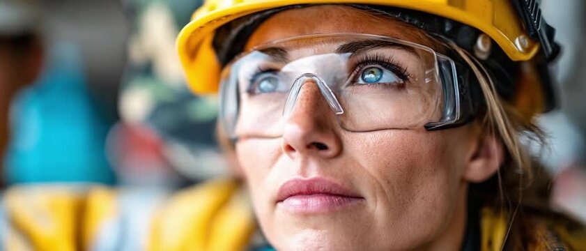 Woman in Hard Hat and Safety Glasses: A focused woman wearing a yellow hard hat and clear safety glasses looks upward with determination, ready for the challenges of the industrial work environment.