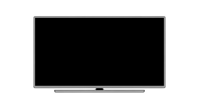 Minimalist flat screen television monitor on stand with blank black display isolated on white background