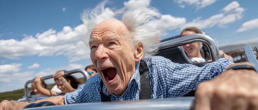 Elderly Man's Thrilling Ride: An elderly man with windblown white hair experiences extreme excitement on a roller coaster, his mouth agape in a joyous scream, as the ride reaches its peak.
