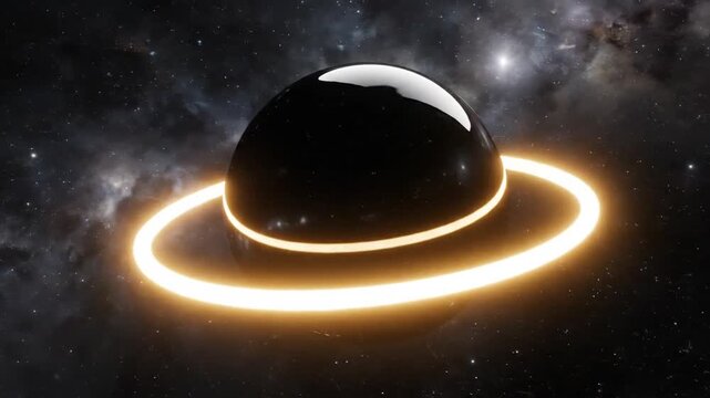 3D render of a glowing energy beam bending around a dark sphere in outer space, featuring orange smoke trails and a starry background nebula atmosphere.