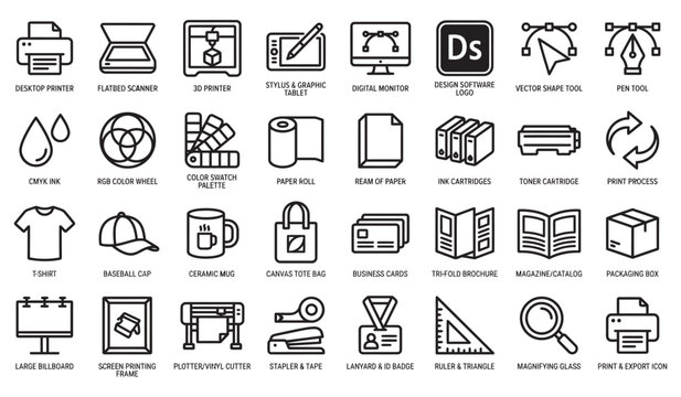 Graphic Design Printing Outline Icons Set