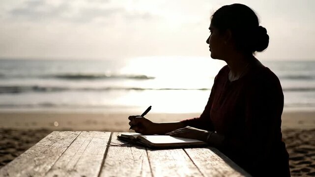 Silhouette of a woman writing in a journal at a beach table during sunset, peaceful creative inspiration and mindfulness concept