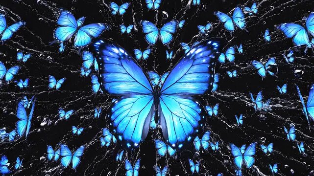 Morpho butterflies swarm blue wings.