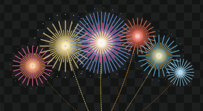 Vibrant colorful fireworks display blast on transparent checkered dark background vector illustration set for festive celebration and holiday events.