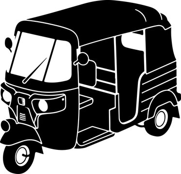 Black and white tuk-tuk, auto rickshaw, vector illustration, transportation icon