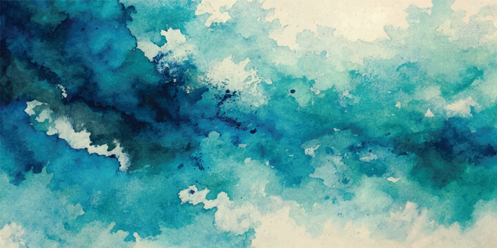 Blue watercolor sky with soft white clouds and airy summer atmosphere abstract background