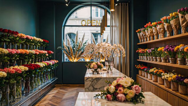 Elegant flower shop interior with colorful floral arrangements and decorative displays in modern retail store