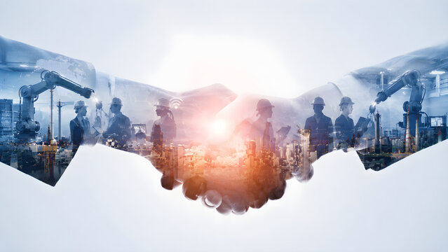 Smart Manufacturing Partnership Handshake with Robotics, Engineers and Connected Factory