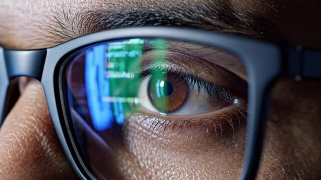 Male programmer with computer code reflected in his glasses