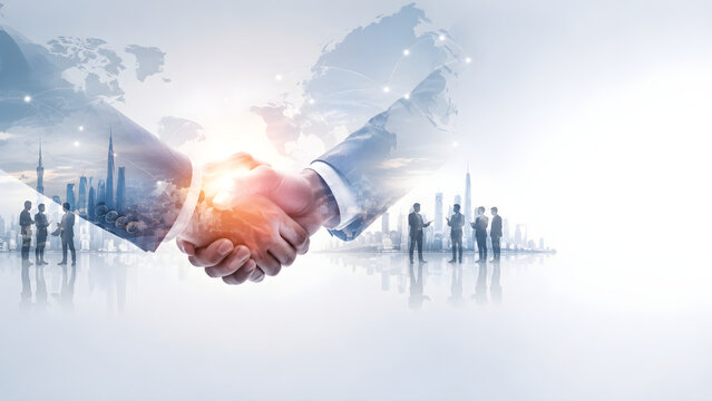 Global Business Handshake with World Map, International Network and City Skyline