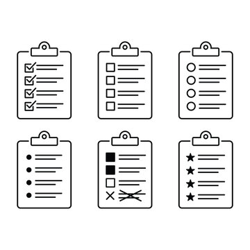 Clipboard checklist icons set with check boxes and bullet points vector design.