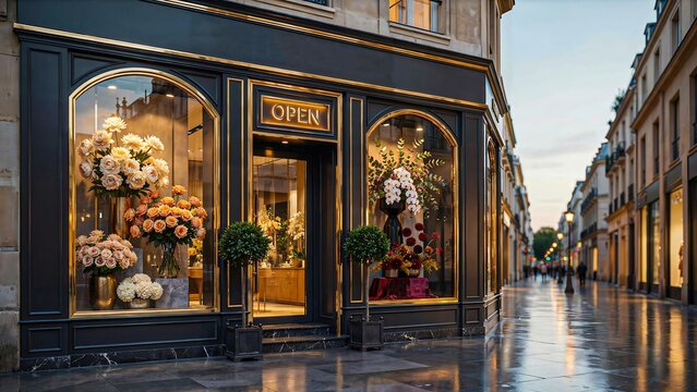 Elegant flower shop storefront with open sign and luxurious floral displays on rainy city street
