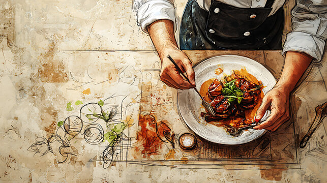 A culinary artist  chef prepares a delicious dish with a sprinkle of herbs in a vibrant kitchen environment.