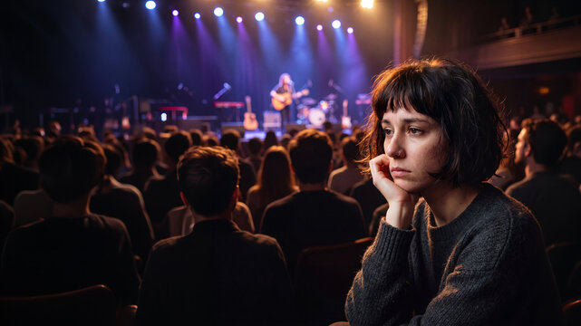 Conceptual portrait of urban loneliness: A young woman feeling bored, unhappy, and disconnected at a crowded live concert hall.