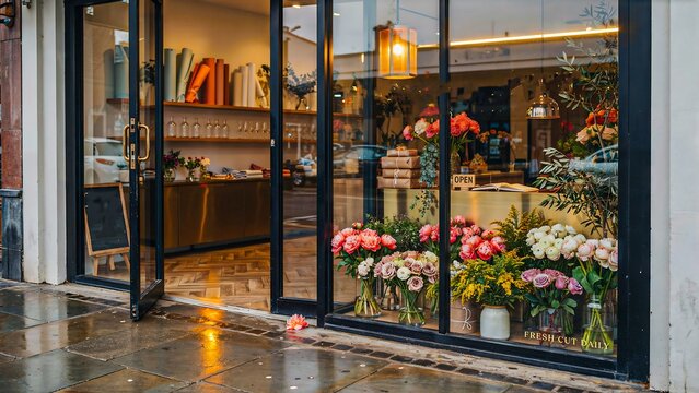 Elegant flower shop storefront with colorful floral displays and modern glass entrance on rainy city street