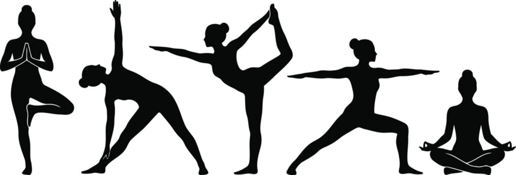 Set of black silhouettes of a woman practicing yoga poses and meditation in different positions