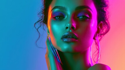 Obraz premium Glamorous woman with vibrant neon lighting and dramatic makeup