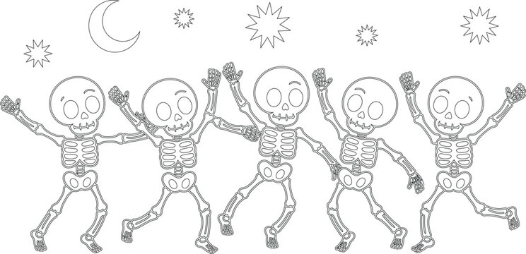Five playful dancing skeletons celebrating under a crescent moon and sparkling stars outline