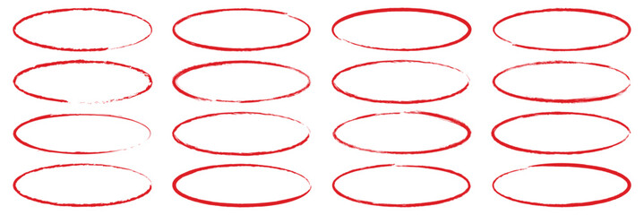 Hand drawn red line brush oval set. Hand drawn line brush pencil oval red color doodle marker chalk pen. Round circle underline frame check sign bubble texture background. Vector illustration ©  