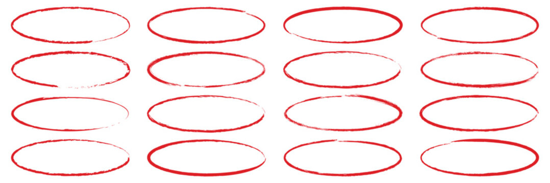Hand drawn red line brush oval set. Hand drawn line brush pencil oval red color doodle marker chalk pen. Round circle underline frame check sign bubble texture background. Vector illustration
