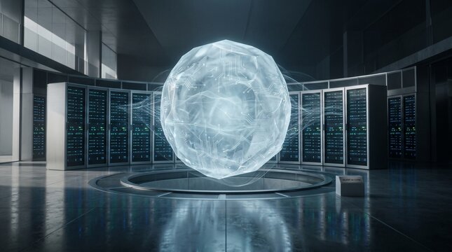 Holographic data sphere floating inside circular server room.