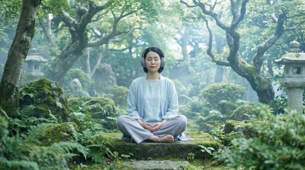 Fototapeta premium Woman meditating with headphones in a serene Japanese garden