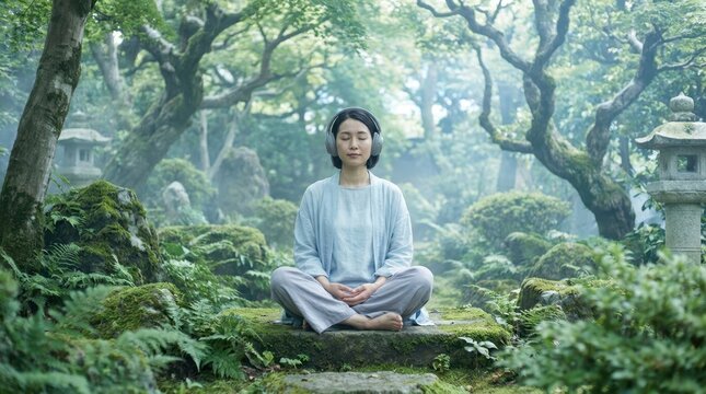 Woman meditating with headphones in a serene Japanese garden