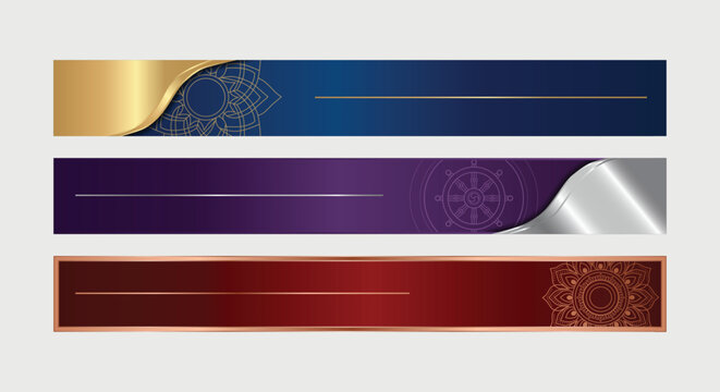 luxury lower thirds banners elegant metallic blue and gold banner with a mandala, a purple and silver banner with a dharma wheel