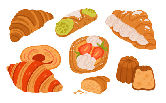 Hand drawn pastry collection, croissant, cannoli with pistachio cream, strawberry danish, canele, brioche vector set