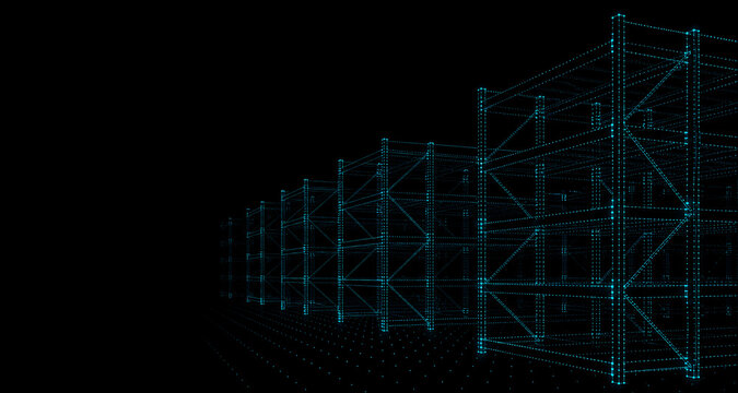 3D point cloud scan of warehouse storage racks in blue digital wireframe on black background