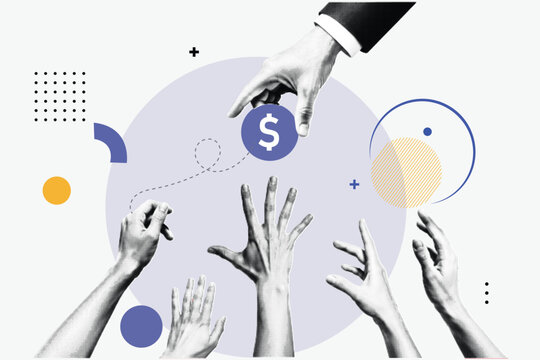 Halftone Pop Art Collage with Hand Giving Money to Reaching Hands. Financial Support and Wealth Distribution Concept. Investment Funding, Economic Opportunity and Business Growth