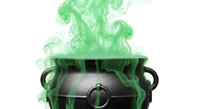 Black iron witch cauldron with bubbling green magic potion smoke isolated on white background