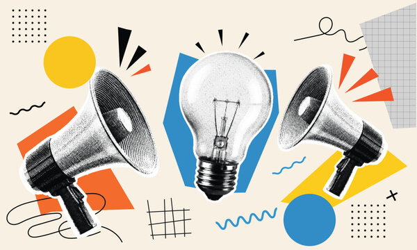 Halftone Pop Art Collage with Megaphones and a Lightbulb. Creative Advertising and Marketing Communication Concept. Business Announcement, Idea Promotion and Public Relations Strategy