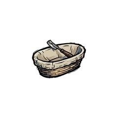 Obraz premium Oval Banneton Proofing Basket With Cloth Liner And A Curved Lame Scoring Blade Placed On Top, Suited For Bakery Packaging, Artisan Bread Illustrations, Cookbook Layouts Vector Illustration