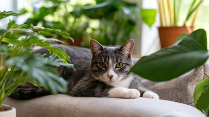 Fototapeta premium A mischievous cat is playfully lounging on a sofa surrounded by lush plants in a cozy indoor setting