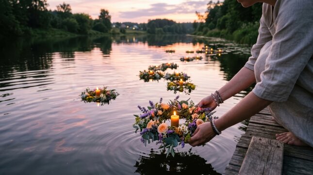 Woman places floral wreath with candle onto tranquil river at sunset