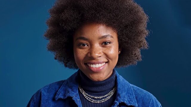 Young woman with big afro hair smiles warmly. Wears blue denim jacket and layered necklaces. Bright blue background enhances cheerful mood. Perfect for promoting positivity, diversity