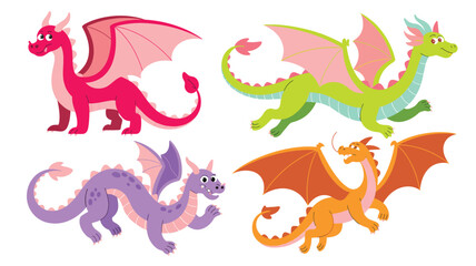 Fototapeta premium Four colorful mythical dragons displayed with different poses and wings