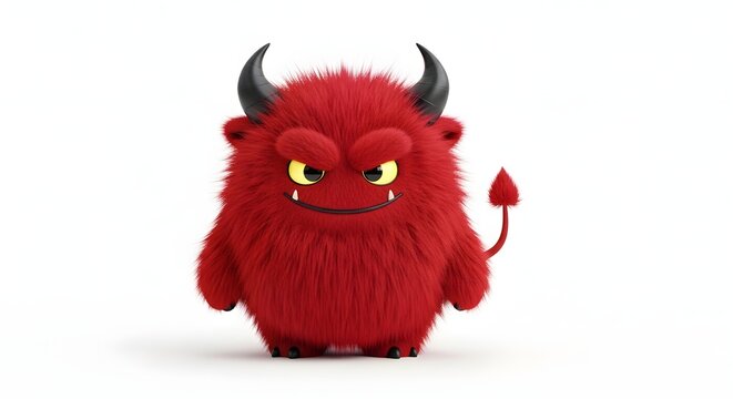 Cute red furry monster character with horns and tail isolated on white background